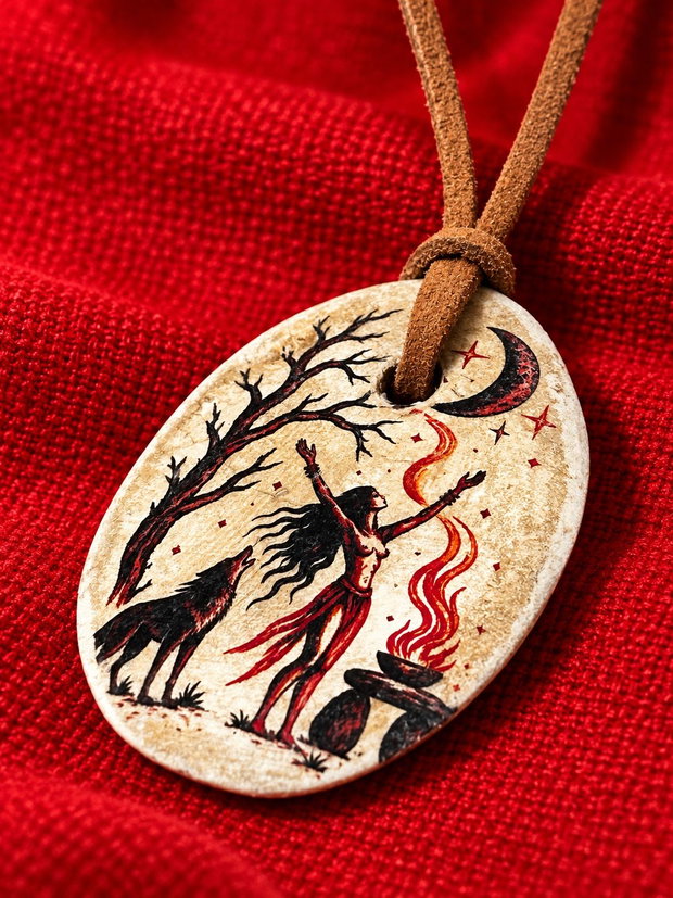 Pandantiv gotic handmade cu vrăjitoare și lună  talisman mistic Halloween