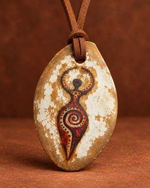 Pandantiv handmade din lut Zeița Mamā neolitică din Cucuteni