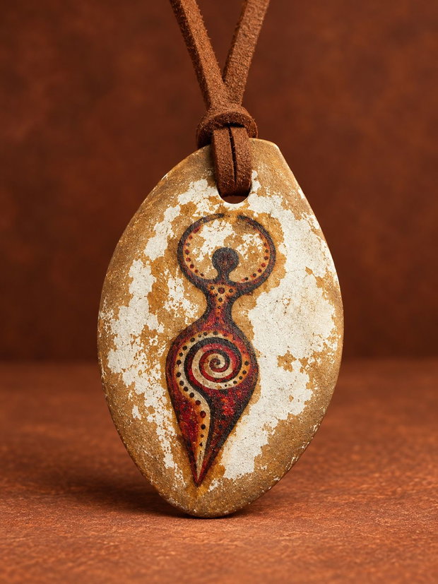 Pandantiv handmade din lut Zeița Mamā neolitică din Cucuteni