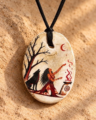 Pandantiv din lut - Ritual sub lună. Amuletă handmade, artă fantasy  ancestrală