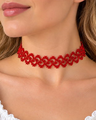 Choker roșu handmade din dantelă frivolite, mătase și mărgele Preciosa Ornela  Eleganță și rafinament