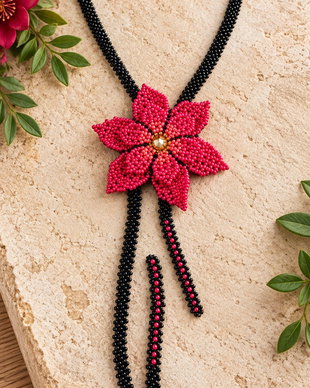 Colier handmade cu floare rosie