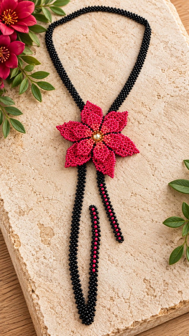Colier handmade cu floare rosie