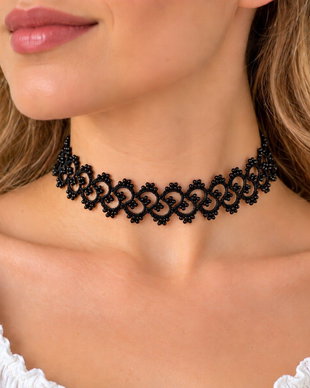 Choker negru handmade din dantelă frivolite, mătase și mărgele Preciosa Ornela  Eleganță și rafinament