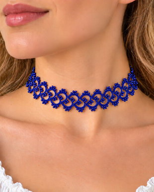 Choker handmade din dantelă frivolite, mătase și mărgele Preciosa Ornela  albastru regal