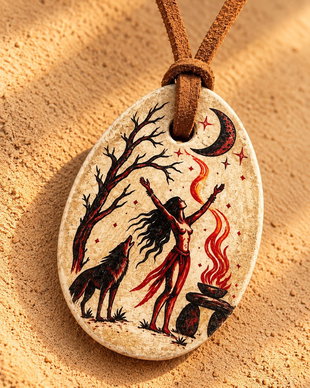 Pandantiv gotic handmade cu vrăjitoare și lună  talisman mistic Halloween