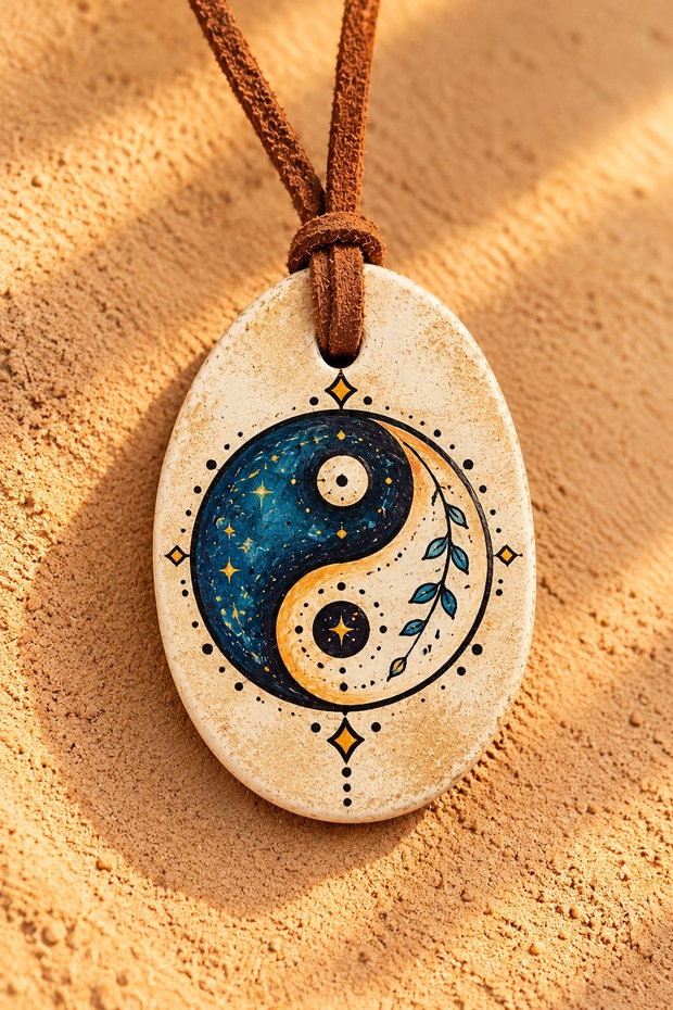 Pandantiv handmade din lut  - yin yang, stil boho