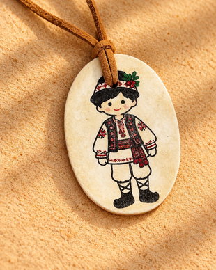 Pandantiv handmade cu băiețel în costum popular românesc  bijuterie artizanală