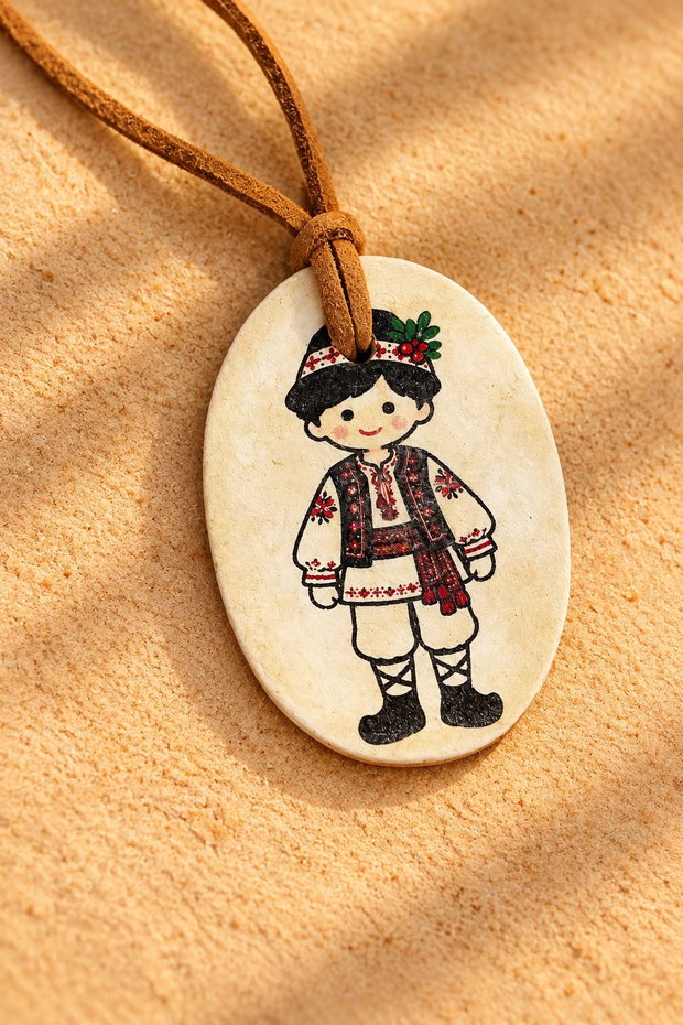 Pandantiv handmade cu băiețel în costum popular românesc bijuterie artizanală