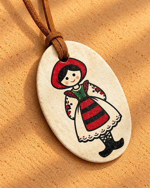 Pandantiv handmade cu fetiță țărăncuță  bijuterie artizanală cu motive tradiționale românești