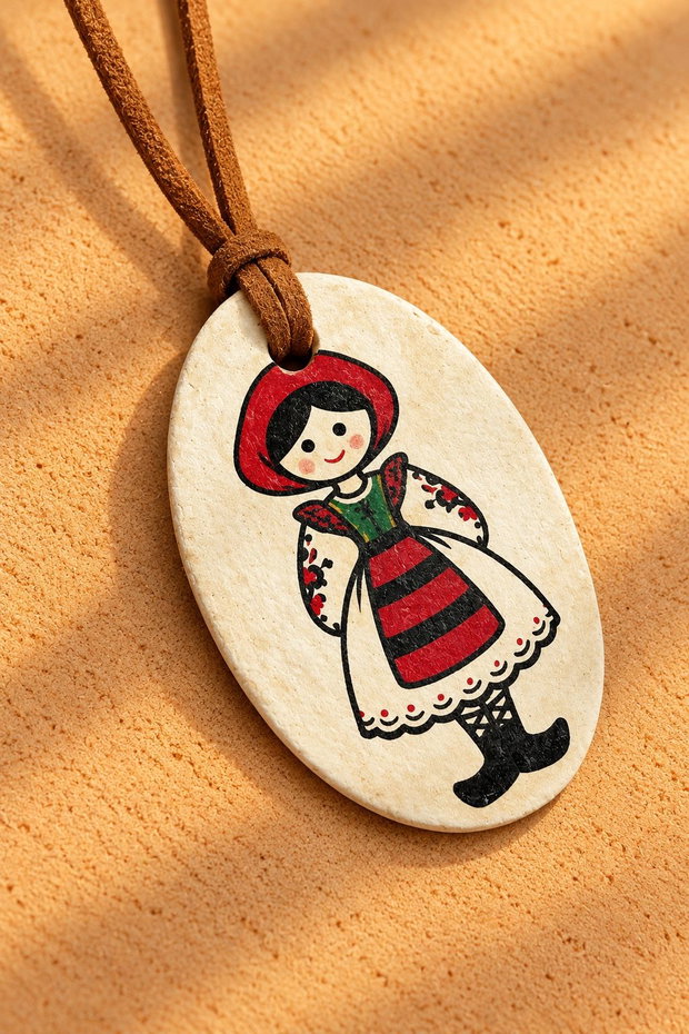Pandantiv handmade cu fetiță țărăncuță bijuterie artizanală cu motive tradiționale românești
