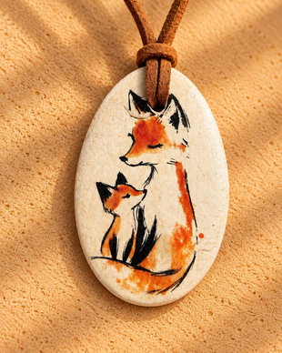 Pandantiv handmade cu vulpe și puiul ei  bijuterie artizanală cu animale din pădure