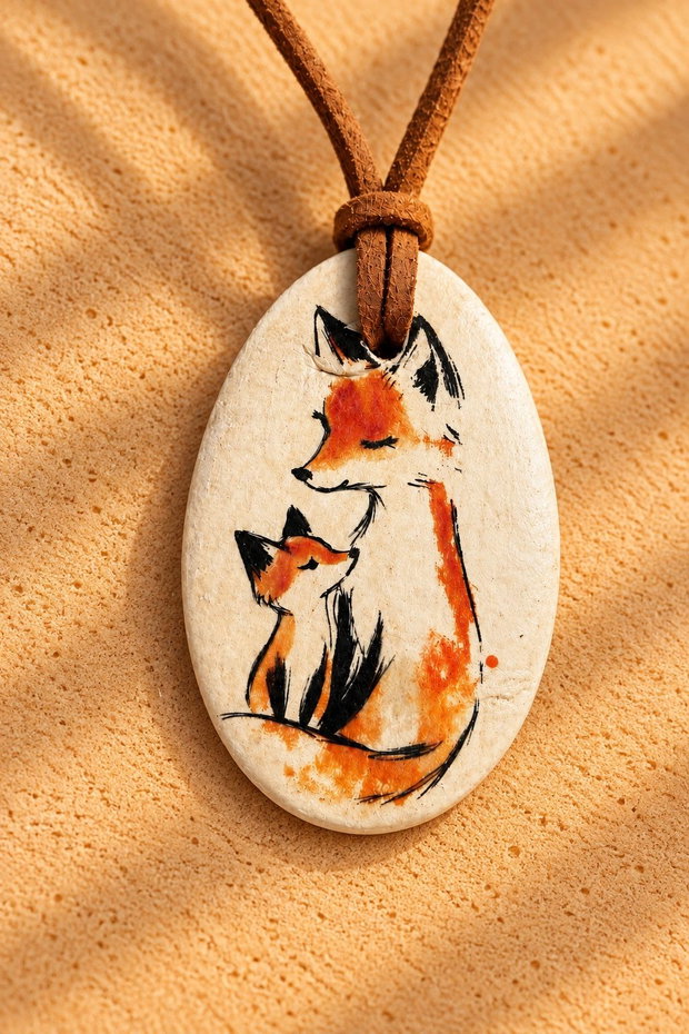Pandantiv handmade cu vulpe și puiul ei bijuterie artizanală cu animale din pădure