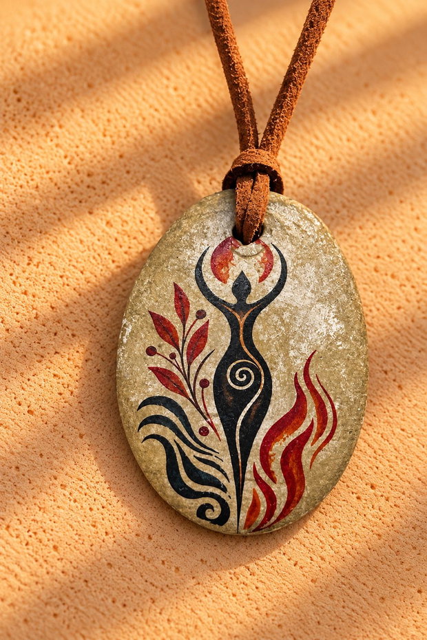 Colier handmade cu pandantiv Goddess simbolul feminității și al echilibrului, pictat manual