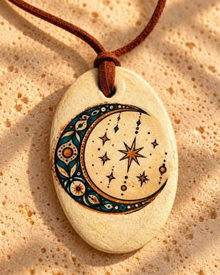 Colier handmade cu pandantiv pictat manual  Semilună și stele, bijuterie boho celestială