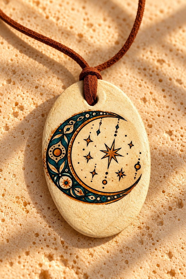 Colier handmade cu pandantiv pictat manual Semilună și stele, bijuterie boho celestială