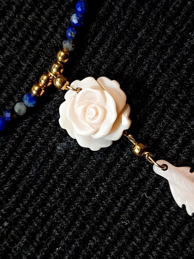 Colier vermeil lapis lazuli sidef roz gravat floare frunza minimalist boho chic trendy