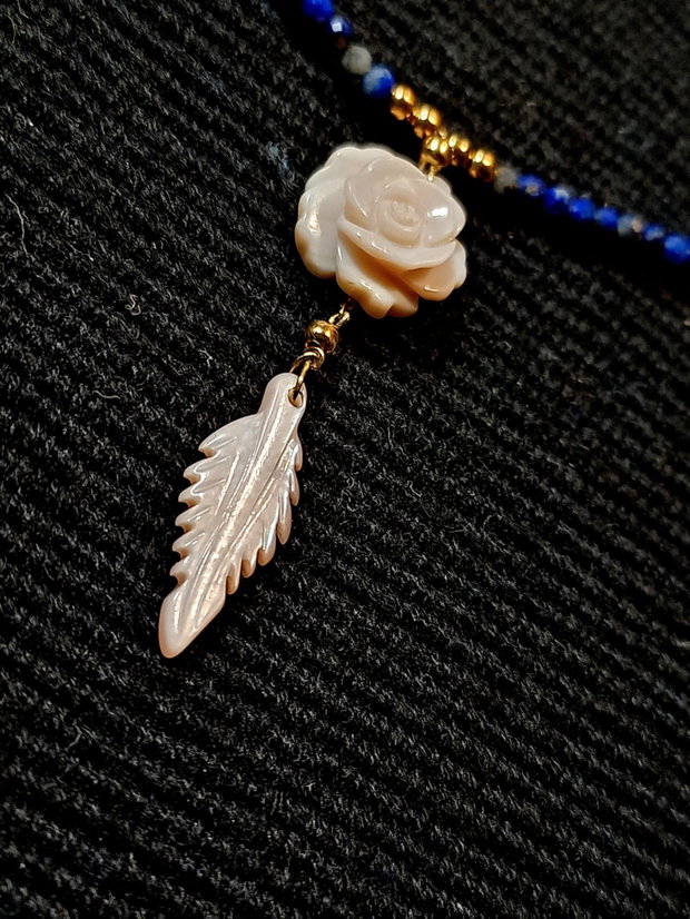Colier vermeil lapis lazuli sidef roz gravat floare frunza minimalist boho chic trendy