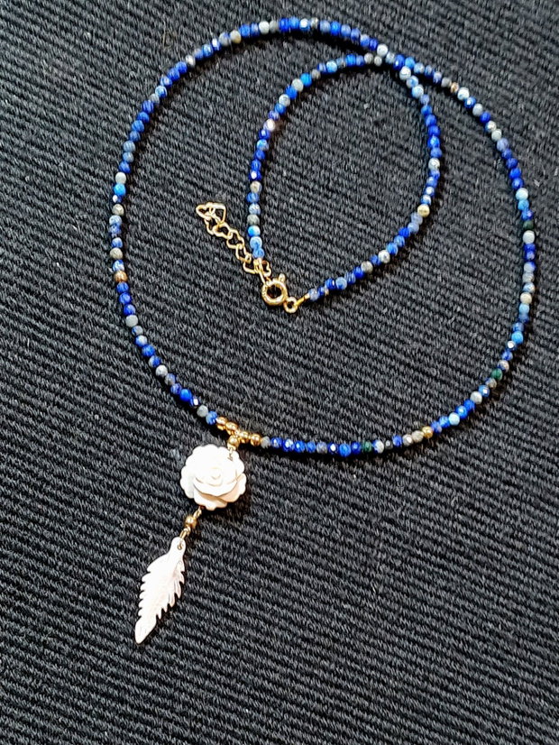 Colier vermeil lapis lazuli sidef roz gravat floare frunza minimalist boho chic trendy