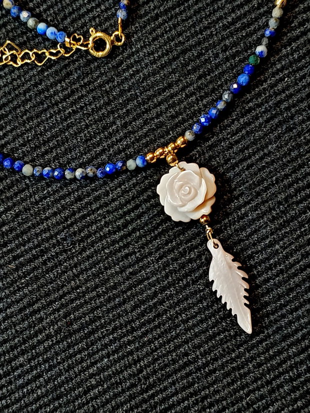 Colier vermeil lapis lazuli sidef roz gravat floare frunza minimalist boho chic trendy