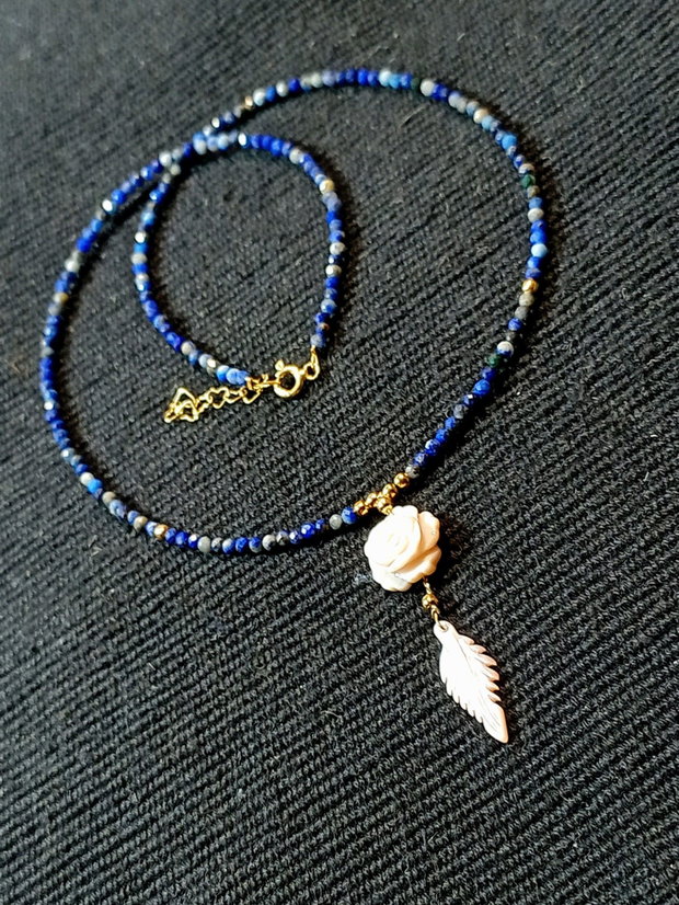 Colier vermeil lapis lazuli sidef roz gravat floare frunza minimalist boho chic trendy