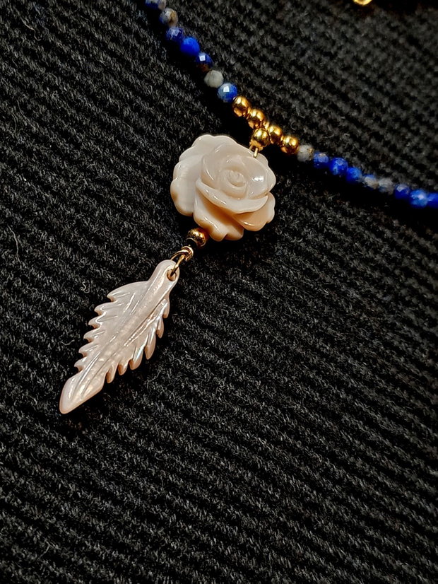 Colier vermeil lapis lazuli sidef roz gravat floare frunza minimalist boho chic trendy