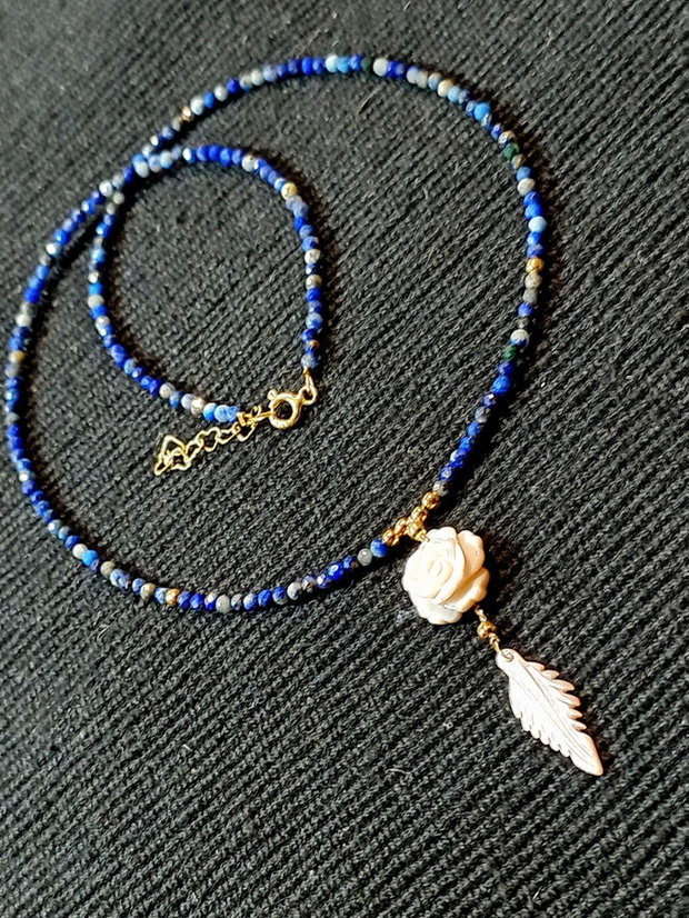 Colier vermeil lapis lazuli sidef roz gravat floare frunza minimalist boho chic trendy