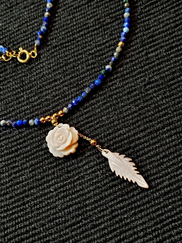 Colier vermeil lapis lazuli sidef roz gravat floare frunza minimalist boho chic trendy