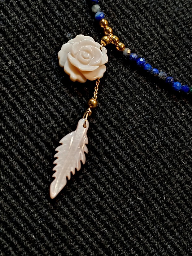 Colier vermeil lapis lazuli sidef roz gravat floare frunza minimalist boho chic trendy