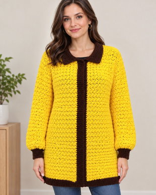 cardigan croșetat manual cu fir acrilic, într-o combinație superbă de galben luminos și maro închis.