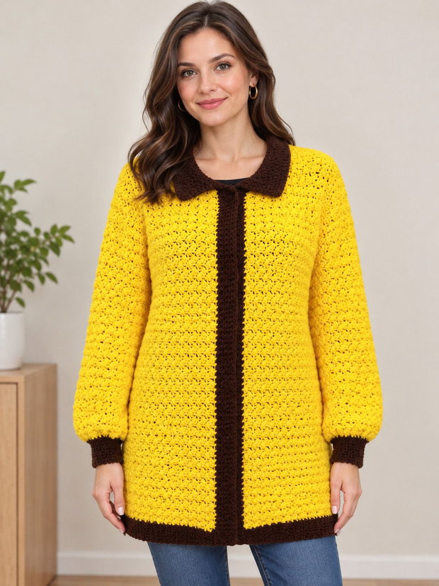 cardigan croșetat manual cu fir acrilic, într-o combinație superbă de galben luminos și maro închis.