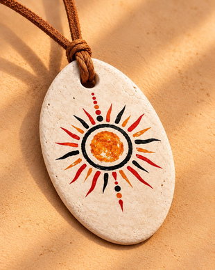 Pandantiv Soare străvechi din lut, bijuterie handmade cu simbol solar şamanic