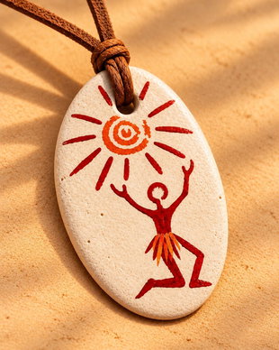Pandantiv Spiritul Soarelui din lut  bijuterie handmade cu simbol solar și dans ritualic