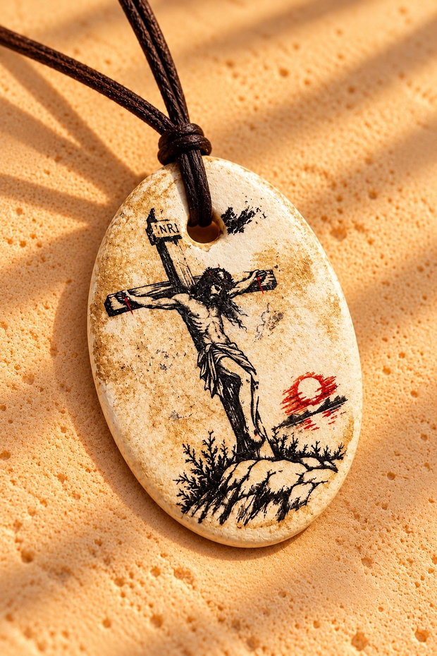 Pandantiv din lut - Răstignirea lui Iisus. Bijuterie handmade religioasă cu cruce și simbol INRI