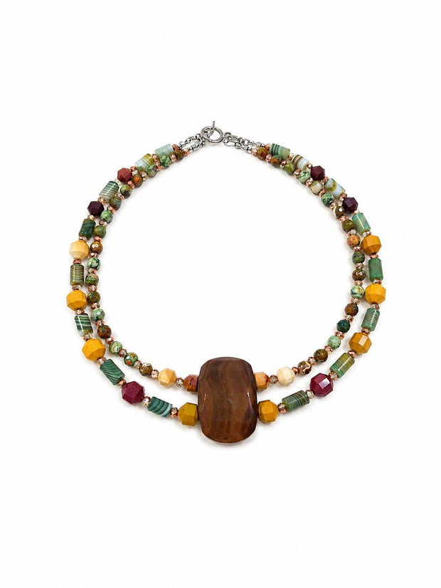Colier handmade dublu, cu agate și mokait