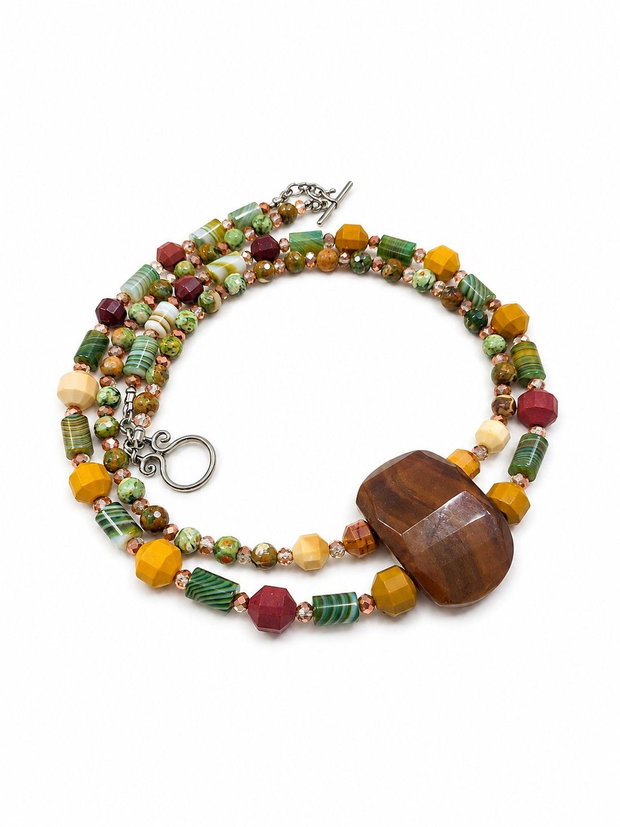 Colier handmade dublu, cu agate și mokait