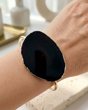 Bratara felie agata neagra & inox placata cu aur