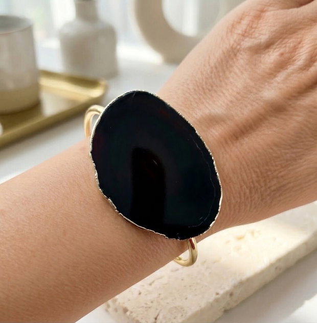 Bratara felie agata neagra & inox placata cu aur