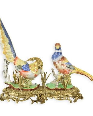 Fazani-figurina portelan Craquelle cu bronz