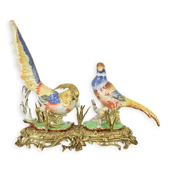 Fazani-figurina portelan Craquelle cu bronz