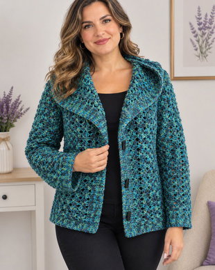 Cardigan croșetat manual  Mohair și mătase, în nuanțe de turcoaz și verde