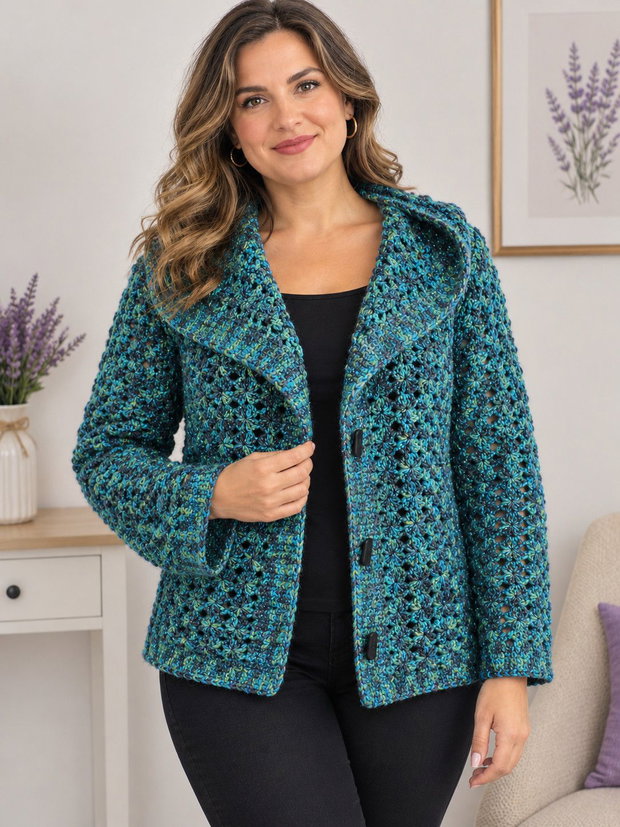 Cardigan croșetat manual Mohair și mătase, în nuanțe de turcoaz și verde