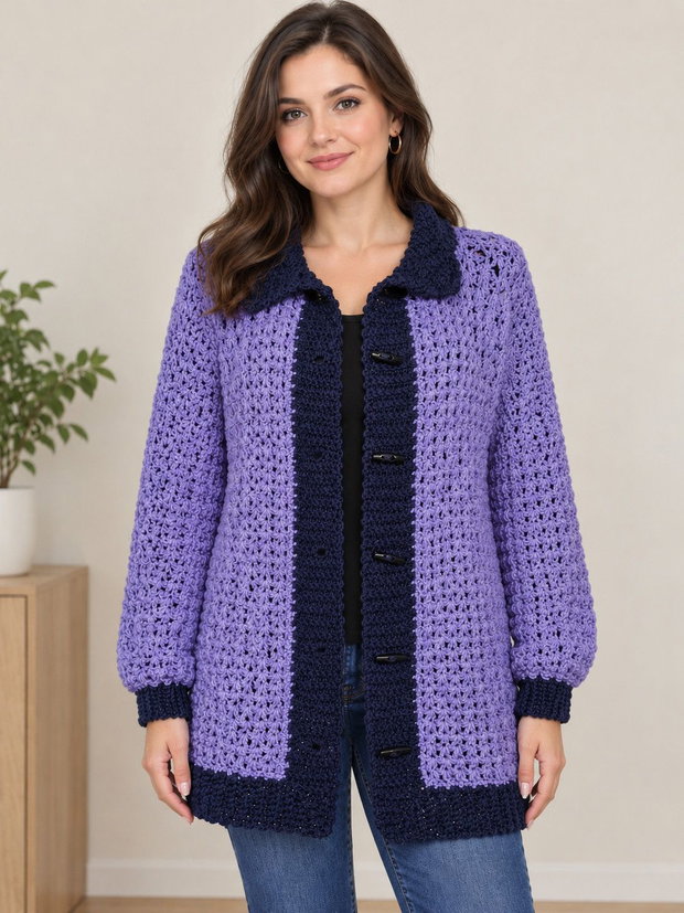 Cardigan croșetat manual în nuanțe de mov și bleumarin Chic Crochet by Sorina