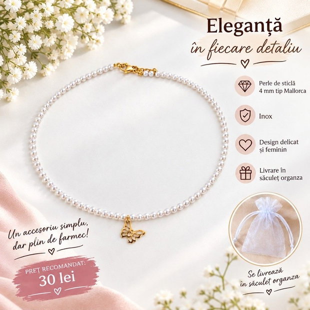 Colier cu perle albe Mallorca 4 mm și fluture auriu inox