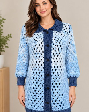 Cardigan croșetat manual Granny Stitch  Bleu degrade, bleu și gri-albăstrui