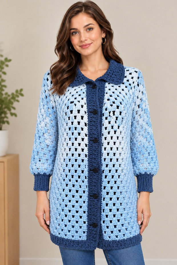 Cardigan croșetat manual Granny Stitch  Bleu degrade, bleu și gri-albăstrui