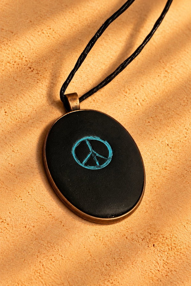Pandantiv handmade din lut cu simbolul păcii turcoaz. Talisman hippie.