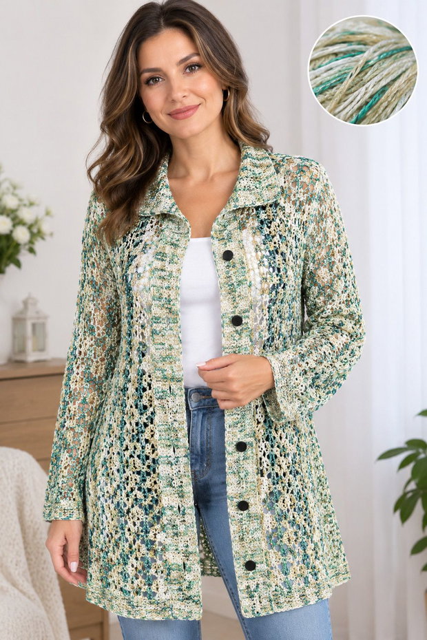 Cardigan de vară croșetat manual efect degrade, nuanțe de crem și verde
