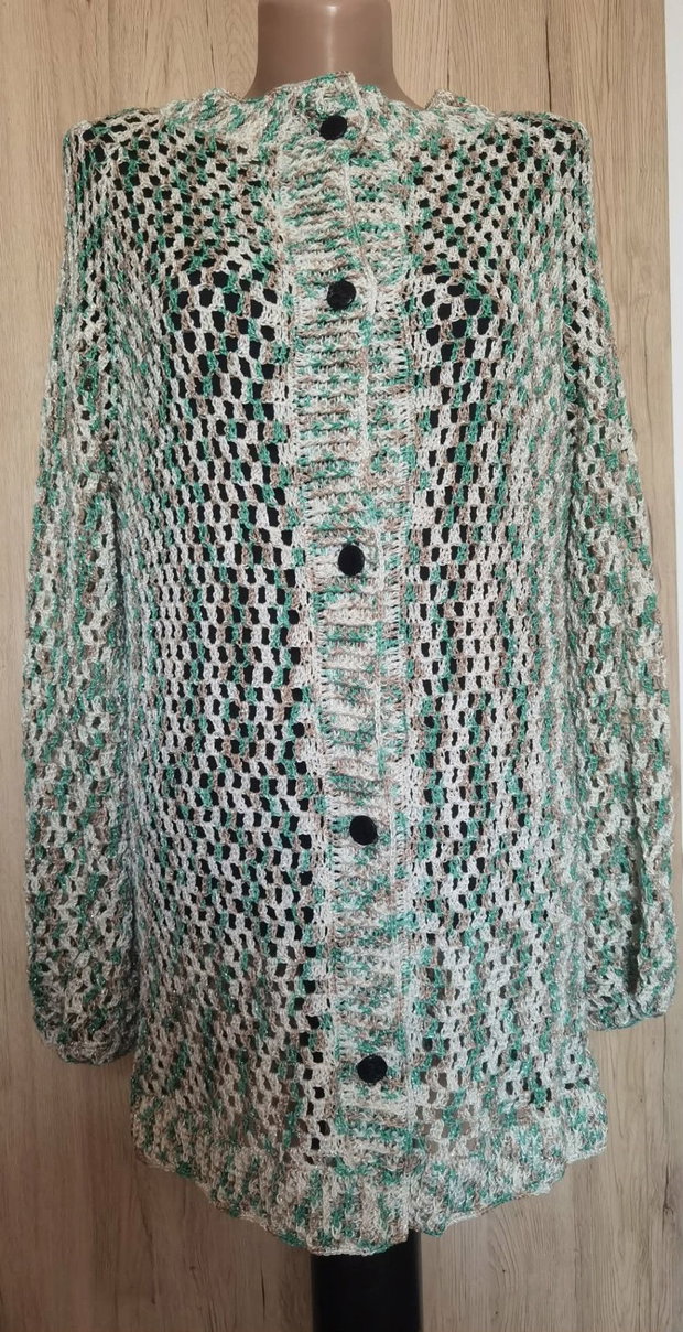 Cardigan de vară croșetat manual efect degrade, nuanțe de crem și verde