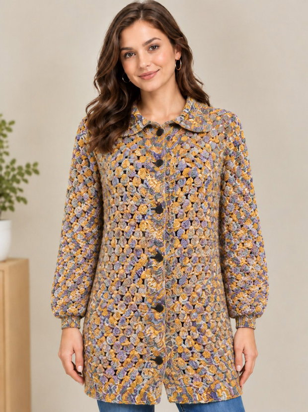cardigan croșetat cu fir Alison & Mae Shimmer Yarn degrade în nuanțe de galben-auriu, portocaliu arămiu și mov.